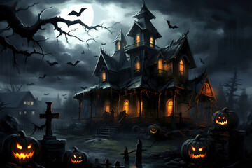 Fototapeta na wymiar Graveyard with glowing pumpkins and spooky castle on background. Misty Halloween illustration. Generative Ai.