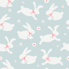 Rabbits, bunny white and blue cartoon childish seamless pattern. White Easter bunnies with pink ribbons and daisies. Animal concept doodle vector print. Easter holiday textile design, spring fabric.
