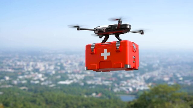 Drone with first aid kit on blue sky, Emergency medical care concept, Business air transportation concept.