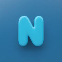3D Blue uppercase letter N with a glossy surface on a blue background .