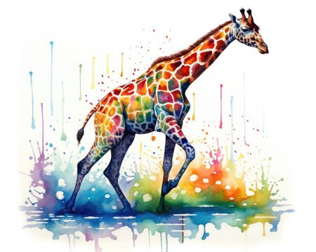 fluidity and unpredictability of watercolors by creating a dynamic and energetic Giraffe print. bold brushstrokes and splashes of color to depict the Giraffe movement and power 