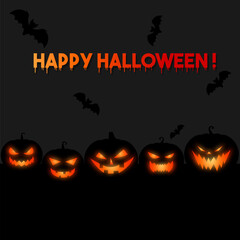 Happy Halloween banner . Halloween party invitation background with bats and black pumpkins black  background.  Pumpkins with glowing eyes 