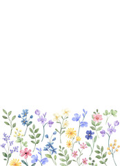 Obraz na płótnie Canvas Floral background for greeting card, invitation and other printing design. Watercolor flowers border isolated on white. Hand drawing.