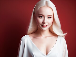 Young albino girl on red background. Generative AI - obrazy, fototapety, plakaty