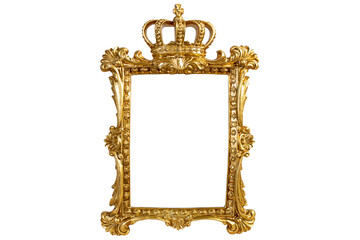 Carved gilden frame with a king crown, isolated on white background