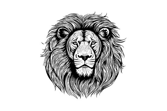 The lion head hand draw vintage engraving black and white vector illustration on a white background