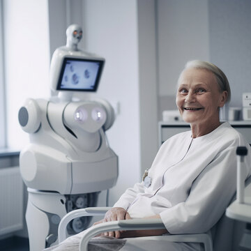 Dentist, futuristic and portrait of senior woman in clinic for oral hygiene, dental care and orthodontist service. Healthcare, medical technology and ai generated elderly lady for teeth cleaning