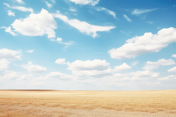 Blue sky over flat empty deserted background landscape. Empty field with blue sky.