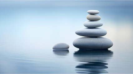 Zen Stones Balance in Calm Water Still Spiritual Concept, AI-Generated	