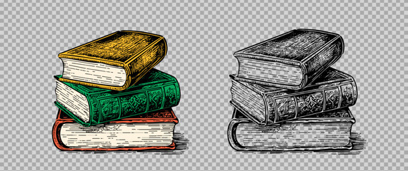 Sketch engraving transparent stack of books set. Hand drawn vector illustration pack. Color and black and white image - obrazy, fototapety, plakaty