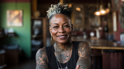 Generative ai friendly contemporary black middle age tattoed woman smiling smiling confident and reassuring