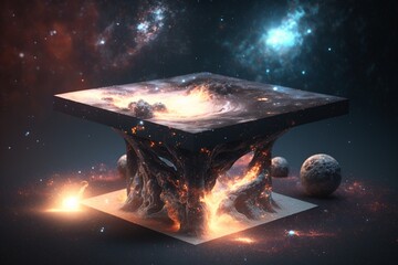 table floating in starry outer space, Generative AI