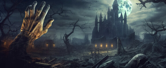 Fototapeta na wymiar Halloween background. A zombie hand coming out of the ground on a dark cemetery with the moon and the castle as a backdrop. Generative Ai.