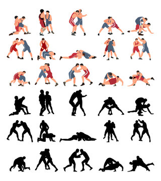 Set of wrestlers silhouettes. Image of greco roman wrestling, martial art, sportsmanship