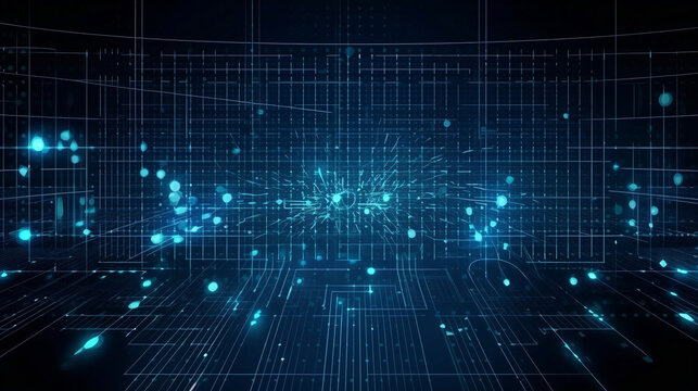 Abstract technology background, big data, internet network, digital technology with binary computer code on virtual screen, illustration, Generative Ai