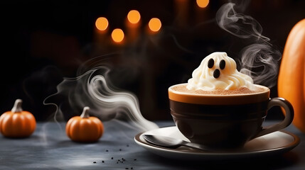 Halloween party cake Cookies screaming ghost on the table decorated with cream, pumpkins, candles, smoke spooky scary trick or treats October 31 copy space blank background - Powered by Adobe