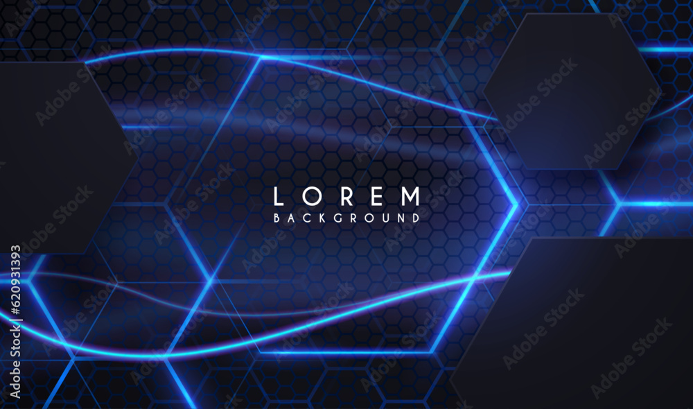 Wall mural abstract hexagonal shapes background with blue light effect