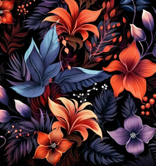 Floral seamless pattern on black background with leaves, in the style of dark orange and light indigo.