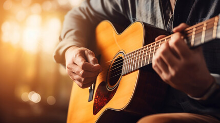 Obraz na płótnie Canvas Closeup of guitarist hand playing guitar. Musical instrument concept. Outdoors and Leisure theme. Selective focus on left hand. Vintage country folk guitar with music singer, Generative Ai