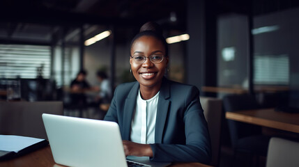 Fototapeta premium Professional female employee or a businesswoman using a laptop in a modern office. Copy space