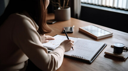 Event planner timetable agenda plan on year 2023 schedule event. Business woman checking planner on mobile phone, taking note on calendar desk on office table. Calendar event plan, Generative Ai