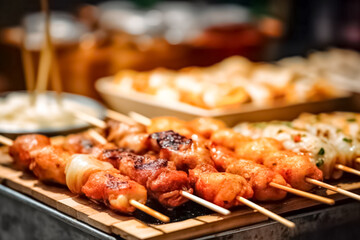 Asian street food. Traditional oriental dishes at street market. Asian fries food background with various food on sticks.

