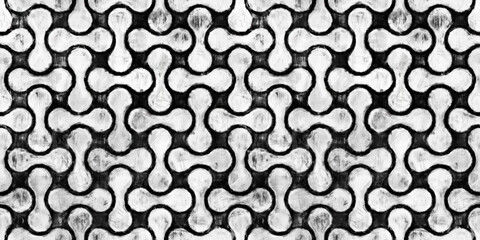 Seamless MCM Mid-Century Modern geometric rounded pill shaped basket weave pattern. Black and white artistic acrylic paint texture background. Hand painted vintage abstract wallpaper surface design.