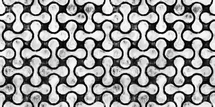 Seamless MCM Mid-Century Modern geometric rounded pill shaped basket weave pattern. Black and white artistic acrylic paint texture background. Hand painted vintage abstract wallpaper surface design.