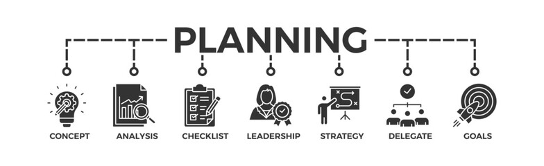 Planning banner web icon vector illustration concept with icon of concept, analysis, checklist, leadership, strategy, delegate and goals