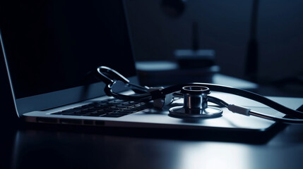 Fototapeta na wymiar healthcare and medicine background. Medical stethoscope and laptop computer on table with copy space. Online medical, e-health education, Health business web banner, Generative Ai