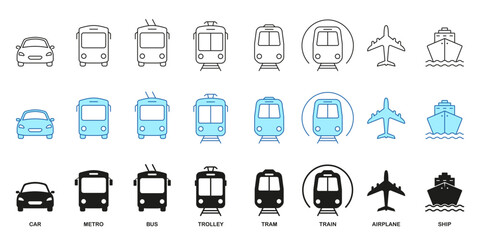 Car, Bus, Train, Metro, Ship, Railway, Air Transportation, Plane Symbol Collection. Public Transport Line and Silhouette Icon Set. Road Sign. Vehicle Types Pictogram. Isolated Vector Illustration