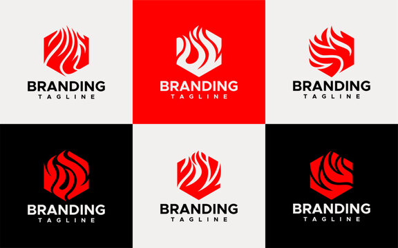 Simple hexagonal fire smoke logo design set