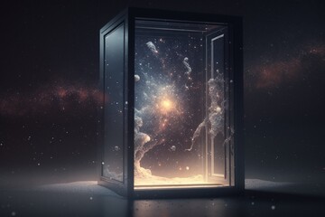 Glass door floating in starry outer space, Generative AI