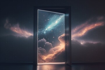 Glass door floating in starry outer space, Generative AI