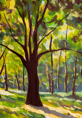 big tree vertical Oil paining Sunny day in forest handpainted by artist nature landscape sun in park acryic paint artwork illustration fine art impressionism