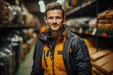 Fototapeta premium Storekeeper man in a warehouse. Portrait of a professional worker.