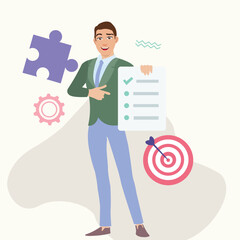 Vector Cartoon Smiling Businessman Pointing to Checklist. Flat Vector Illustration with Background and UI elements.