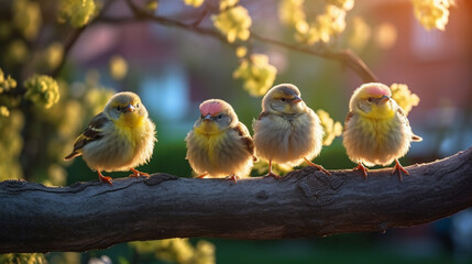 A group of small birds sitting on top of a tree branch, Generative AI
