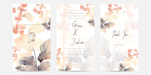Floral wedding invitation template set with elegant green leaves. Floral feather cherry blossom concept watercolor style