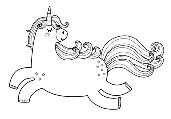 Cute magic unicorn character in outline. Beautiful fairy tale black and white horse animal in cartoon style. Flying pony. Vector illustration