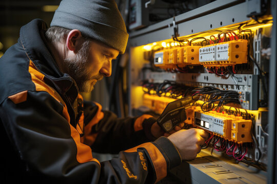 Electrician checking an electrical installation close up. Electricity and electrical maintenance service