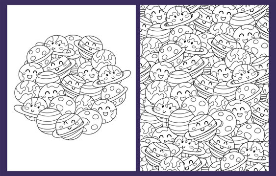 Cute planets coloring pages set in US Letter format. Solar system prints collection.  Space black and white background. Vector illustration