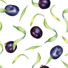Acai berries and palm leaves watercolor seamless pattern isolated on white. Exotic amazon small purple berries, tropical fruit hand drawn. Design for packaging, wrapping, textile, background, paper