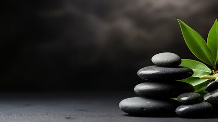 Obraz na płótnie Canvas Zen stones. Spa background with spa accessories on a dark background, Generative Ai