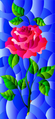 An illustration in the style of a stained glass window with a bright pink rose on a blue sky background