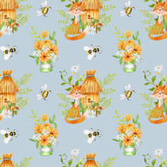 A fox near a beehive with flowers. Watercolor seamless pattern with bees, a fox and a bouquet of sunflowers in a metal watering can. Children's design. The illustration is hand drawn.