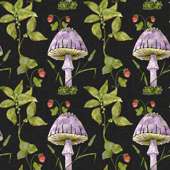 Watercolor Mushroom Strawberry Seamless Pattern. Purple Mushroom With Wild Strawberries and Plant Branches. Forest Nature illustration hand drawn.
