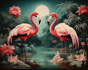A vintage jungle wallpaper featuring flamingos, birds, and peacocks. (Illustration, Generative AI)