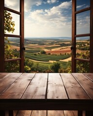 The open window offers a vineyard view on an empty wooden table, perfect for product presentation. (Illustration, Generative AI)