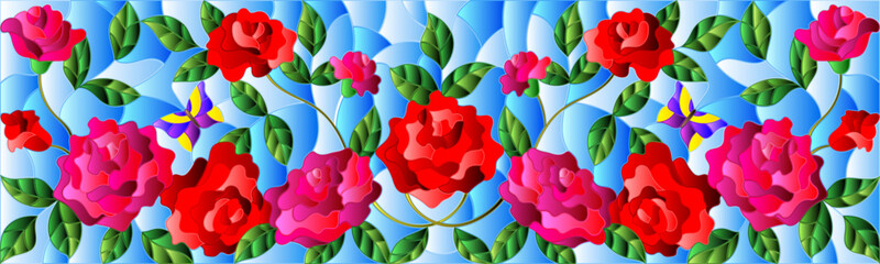 An illustration in the style of a stained glass window with bright rose flowers and butterflies on a blue sky background